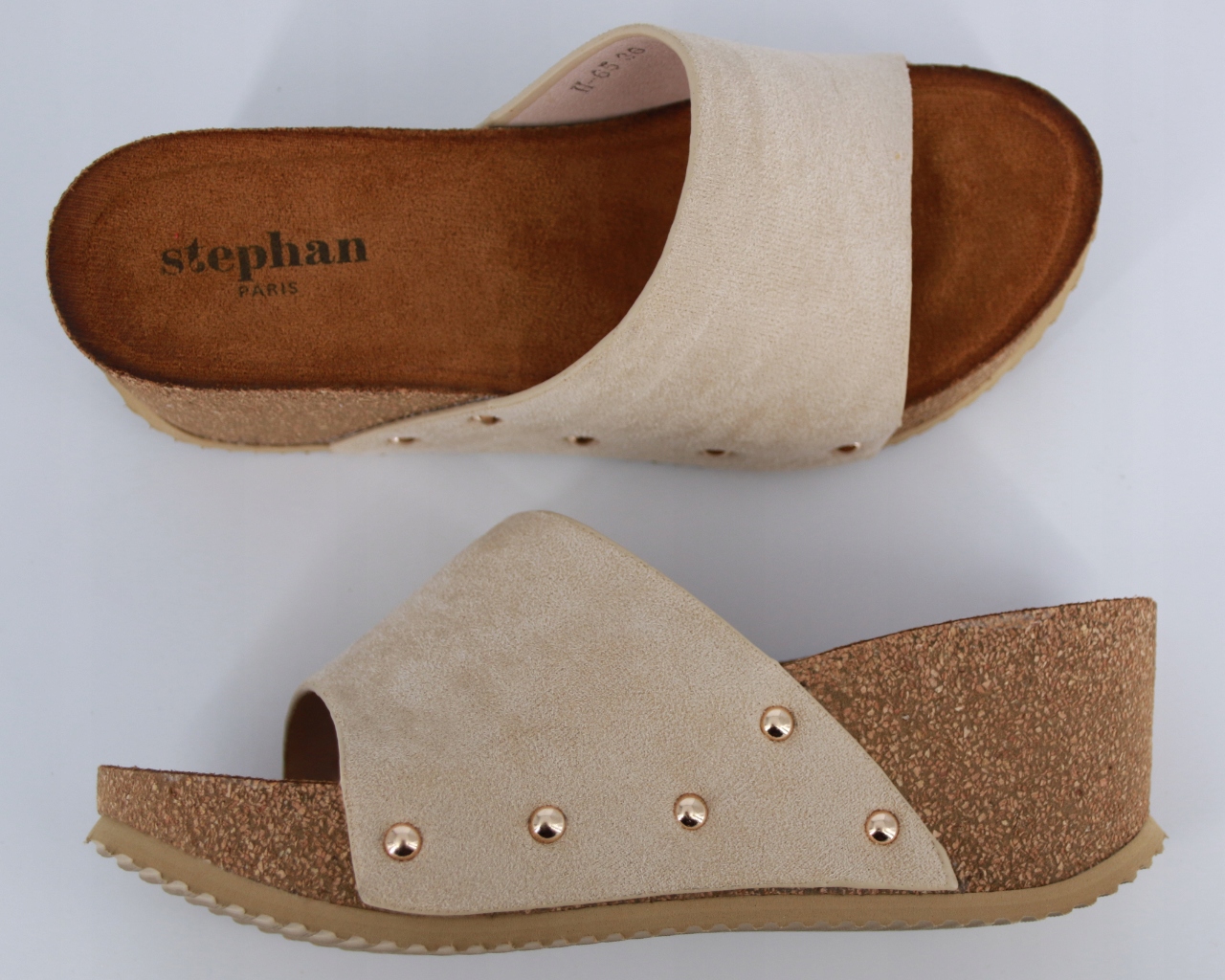 KLAPKI NA KORKOWEJ KOTURNIE PLATFORMIE BEŻOWE ZAMSZOWE Z ĆWIEKAMI 39 Marka bez marki