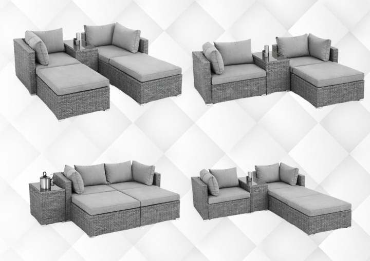 ZESTAW Mebli OGRODOWYCH Narożnik MODUŁOWY Fotel Stolik Podnóżek Rattan Styl nowoczesny