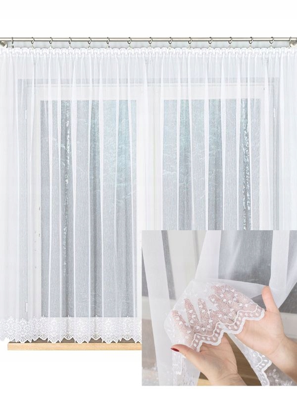 Vyšívané záclony do obývacího pokoje Záclona s výšivkou Jemná s páskou s380x130