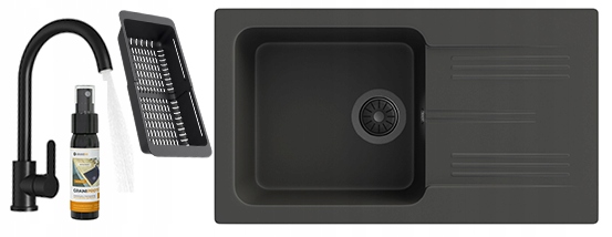 Dřez Granitový Jednokomorový Ada Dřez Černý Baterie Sifon Košík