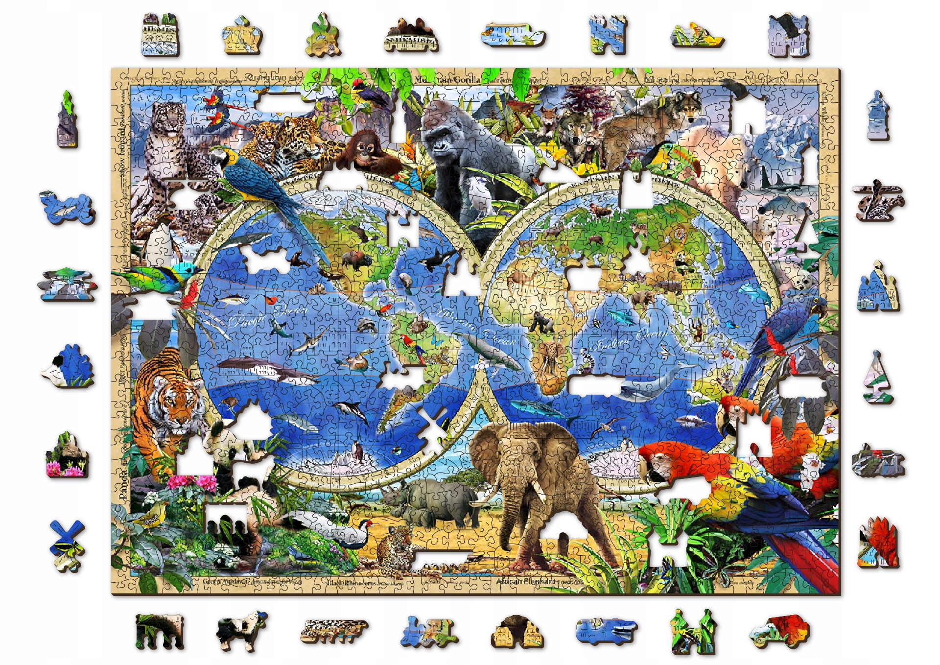 

Drewniane Puzzle Zwierzęta Świata Mapa 1000 +10 el