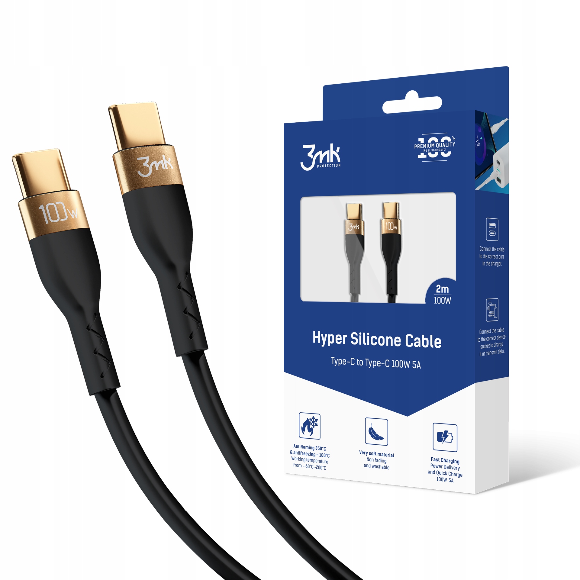 

Kabel Usb-c Typ-C 2m 100W 3mk Hyper Silicone Black