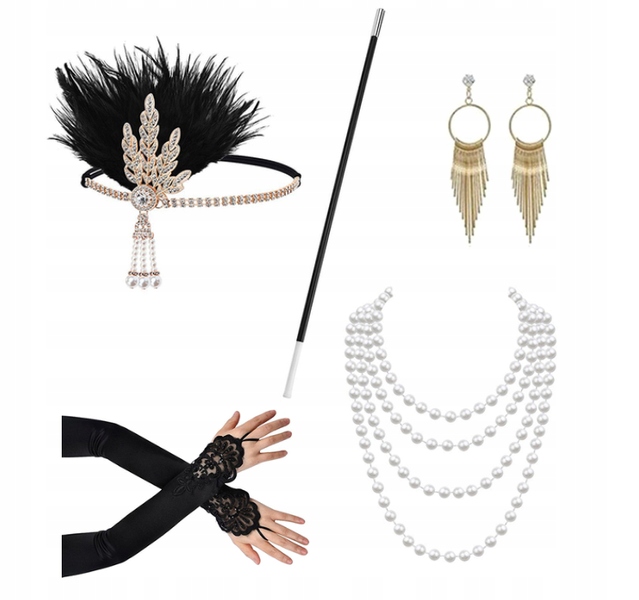 ZESTAW RETRO DAMSKI ZŁOTY LATA 20 FLAPPER 5 EL.