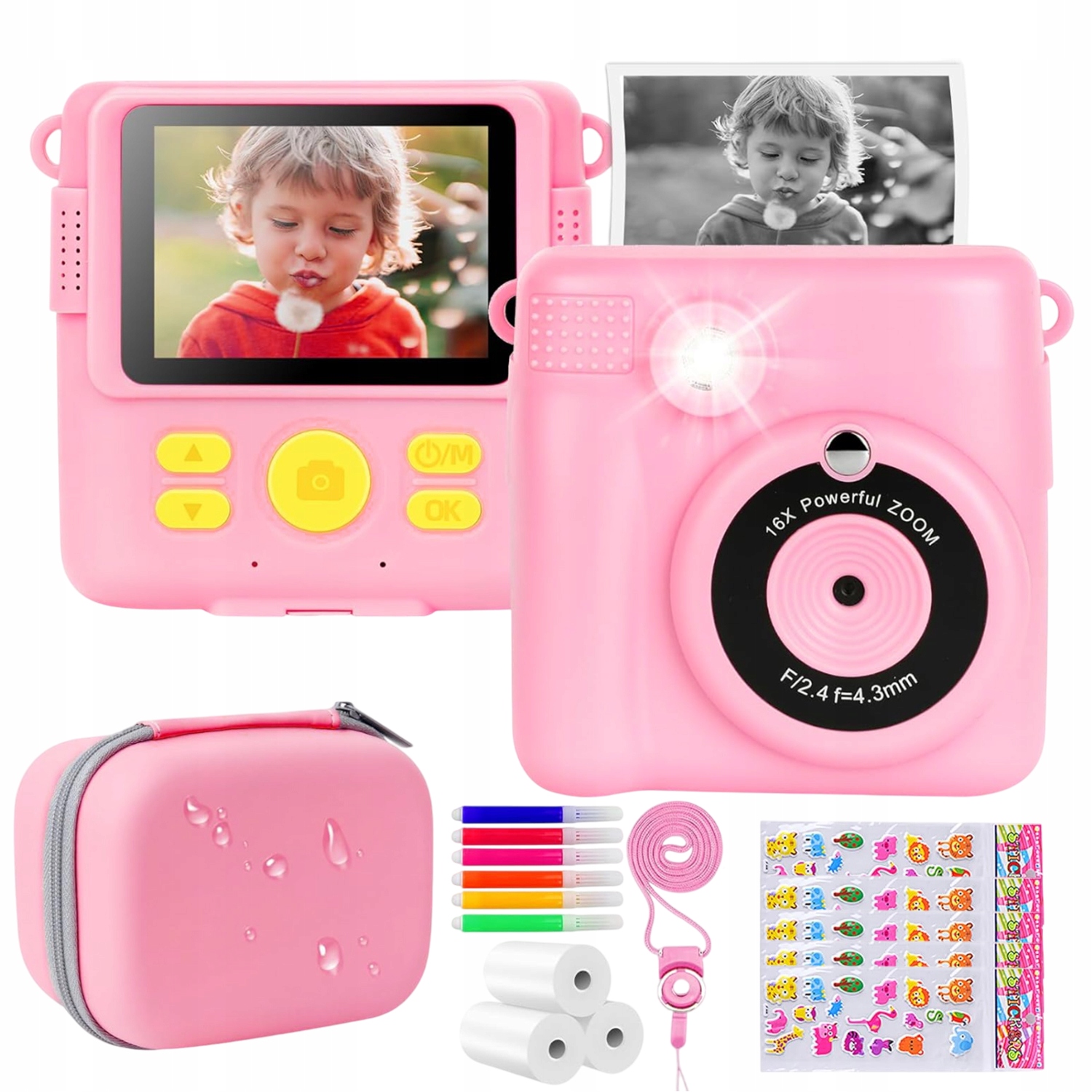 Mini Termální Tiskárna Fotoaparát 16x Pro Děti S Kartou 32GB 3 Rolečky Růžová