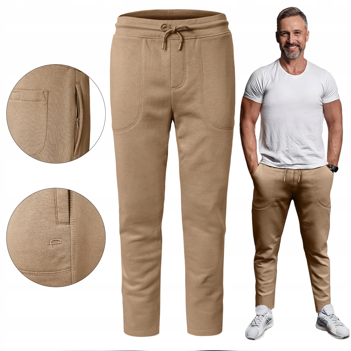 Spodnie Dresowe Męskie Długie Sportowe Ocieplane Beżowe L Pako Jeans