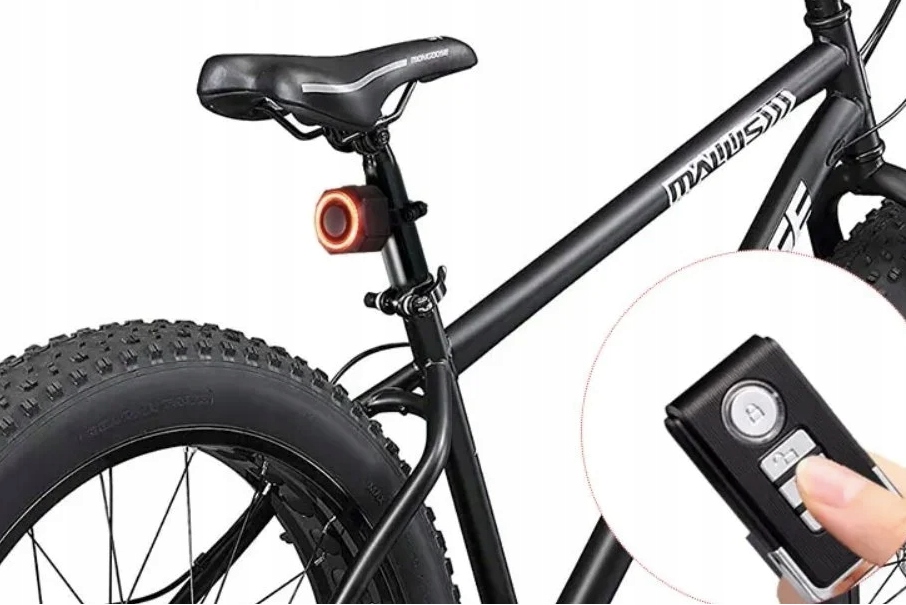 ALARM ROWEROWY ANTYKRADZIEŻOWY + LAMPA TYLNA LAMPKA ROWEROWA DZWONEK PILOT Zasilanie akumulator