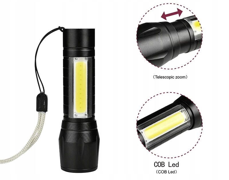 LATARKA TAKTYCZNA LED ZOOM REFLEKTOR COB AKUMULATOROWA USB Liczba trybów 3
