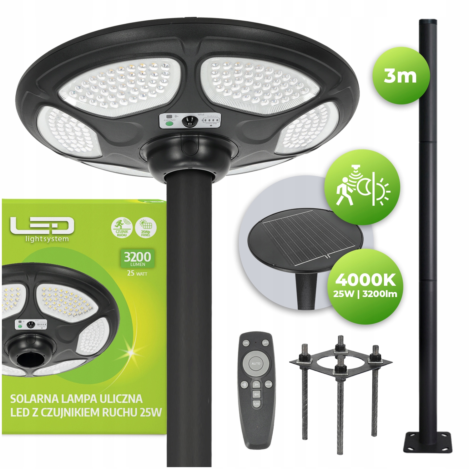 Solární Led lampa 25W IP54 Parkovací svítidlo Lucerna 3m sloup