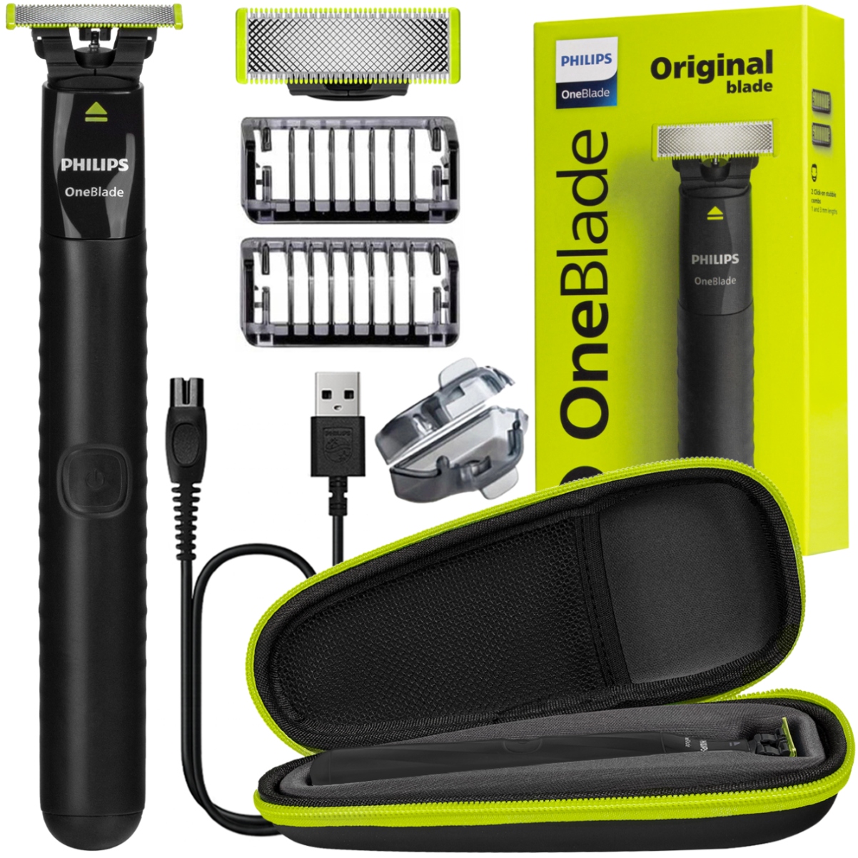 Holicí Strojek Philips Oneblade Original Čepel 2 Nástavce Zastřihovač Strojek Pouzdro