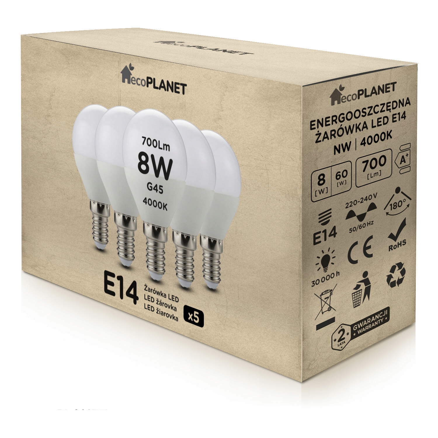 

5x Żarówka Led E14 G45 Kulka 8W Neutralna 4000K