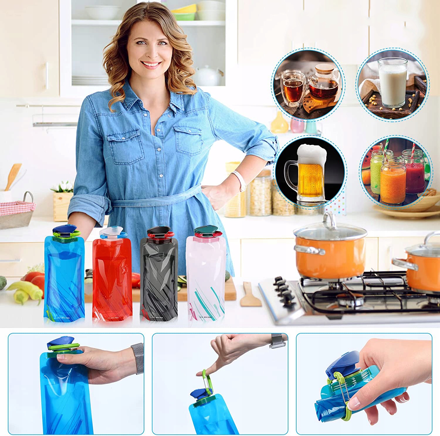 BUTELEK NA WODĘ, 4 SZT. SKŁADANA BUTELKA NA WODĘ 700 ML PRZENOŚNA BUTELKA Waga 140 g