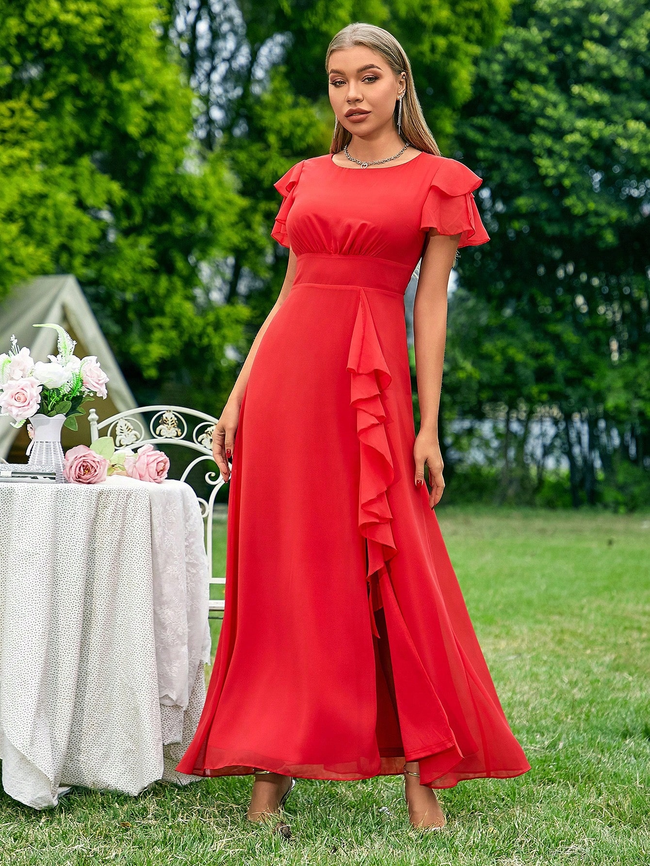 Šaty S Rozparkem Červená Shein M 38