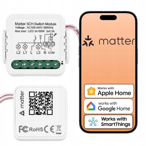 WiFi relé Matter 3-kanálový Apple Home SmartThings Google