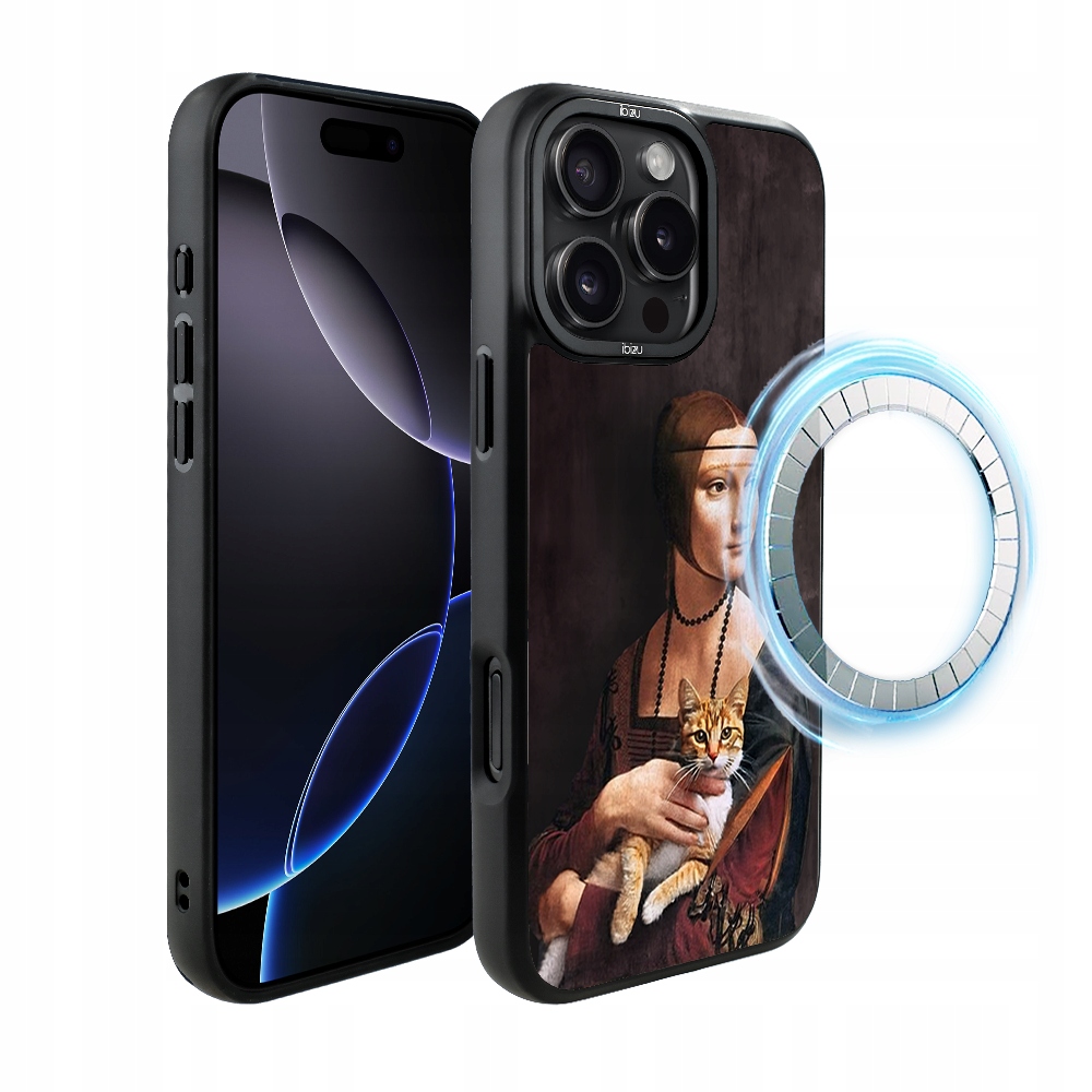 Pouzdro Ibizu DropGuard Matt pro iPhone 16 Pro s MagSafe, paní s kočkou