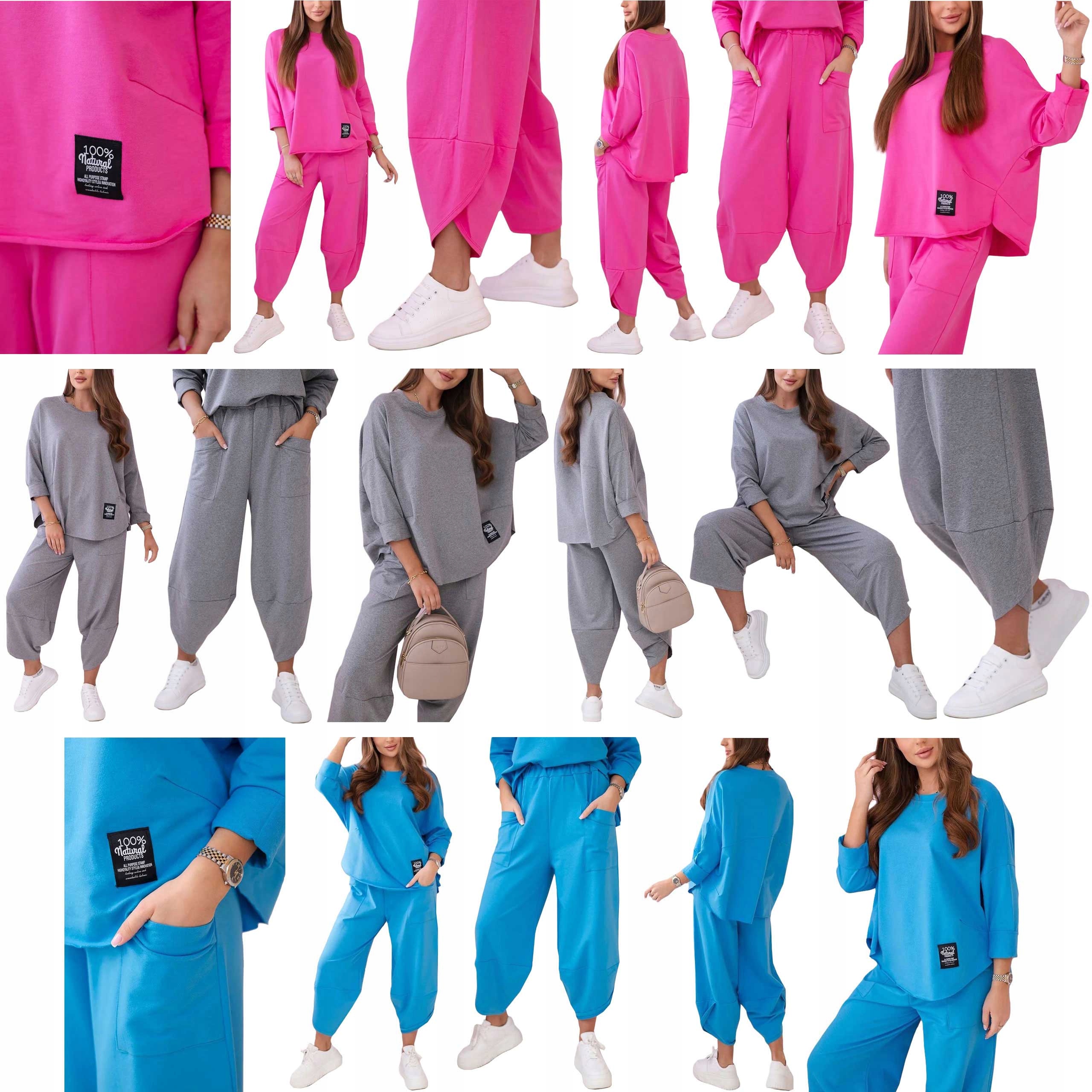 ELEGANCKI WŁOSKI KOMPLET BAWEŁNIANY BLUZA SPODNIE DRESOWY OVERSIZE L Rękaw długi rękaw