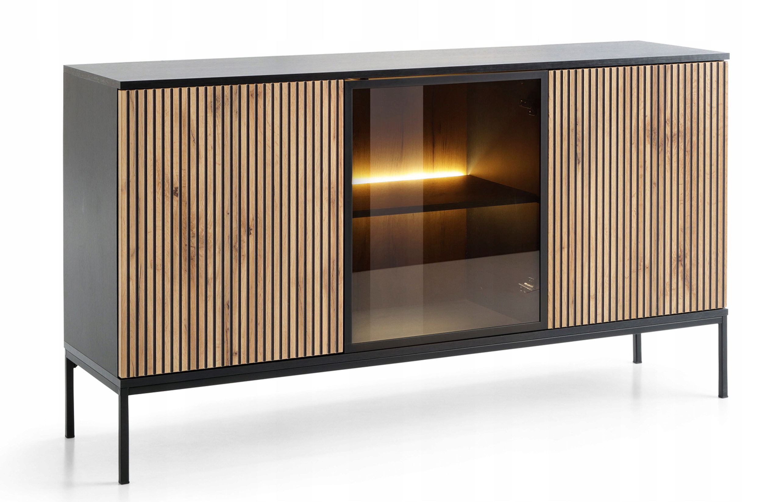 Komoda Tosena trzydrzwiowa z oświetleniem Led 154 cm Czarny/Dąb wotan