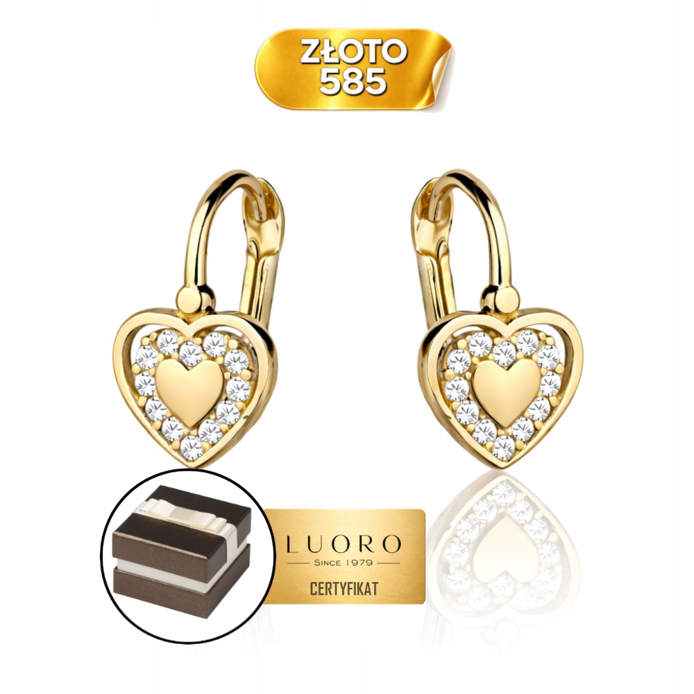 Náušnice Zlaté 585 14K Tři Srdce Se Zirkonem 13 MM Anglické Zapínání