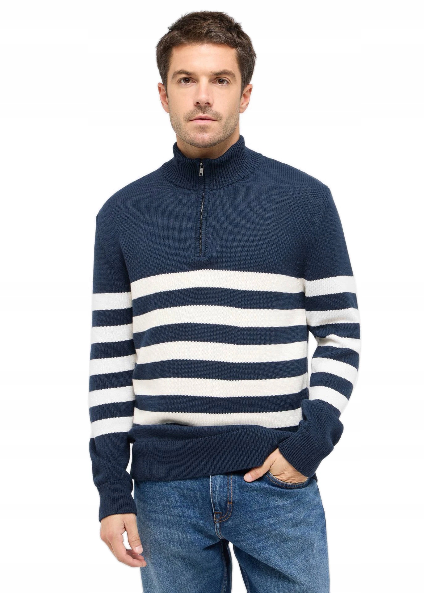 Tmavě Modrý Pánský Pruhovaný Bavlněný Svetr Rolák Mikina Se Stojáčkem Mustang M