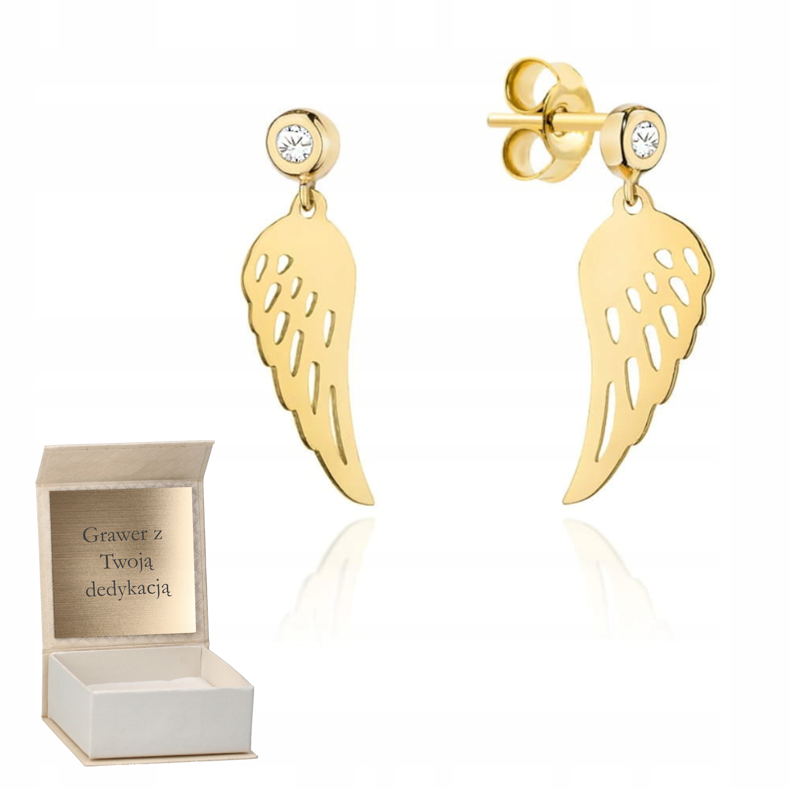 Zlaté náušnice Závěsné Křídla Anděla zirkon tyčinka zlato pr. 585 Gravírování