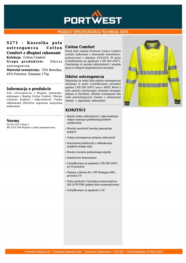 Koszulka Polo Ostrzegawcza Robocza długi rękaw Kod producenta S271