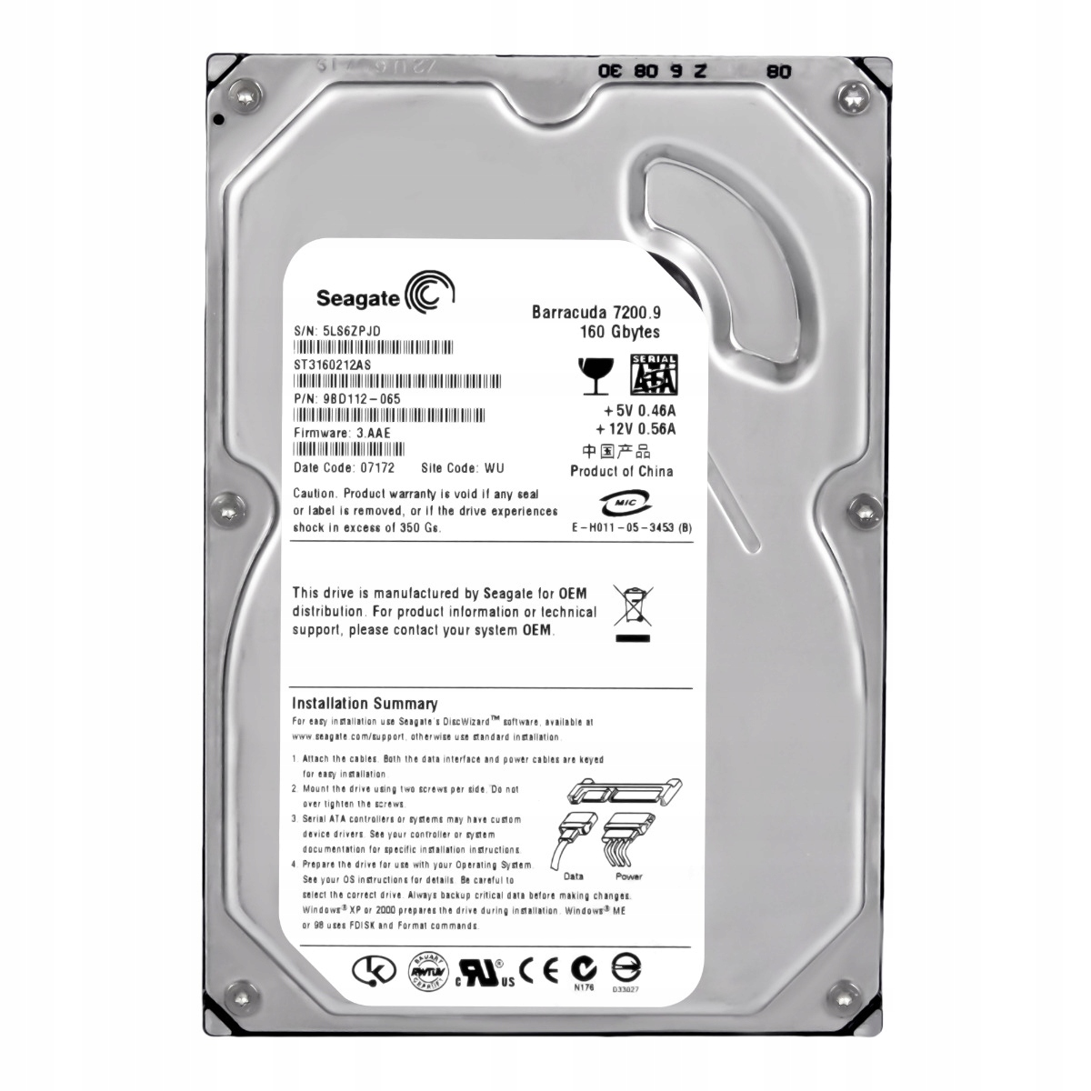 Seagate Barracuda 7200.9 160GB 7.2K 2MB Sata II 3.5" ST3160212AS