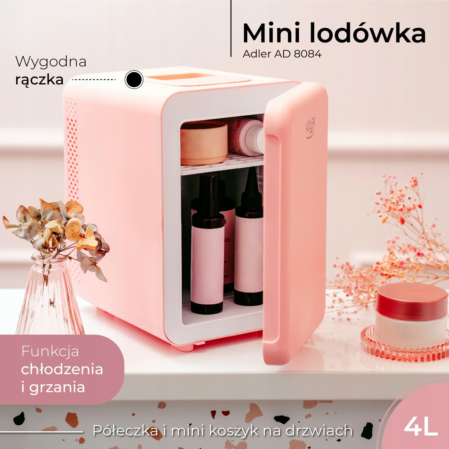 Mini Lodówka Adler AD 8084 - 4L, Chłodzi i Grzeje, Różowa