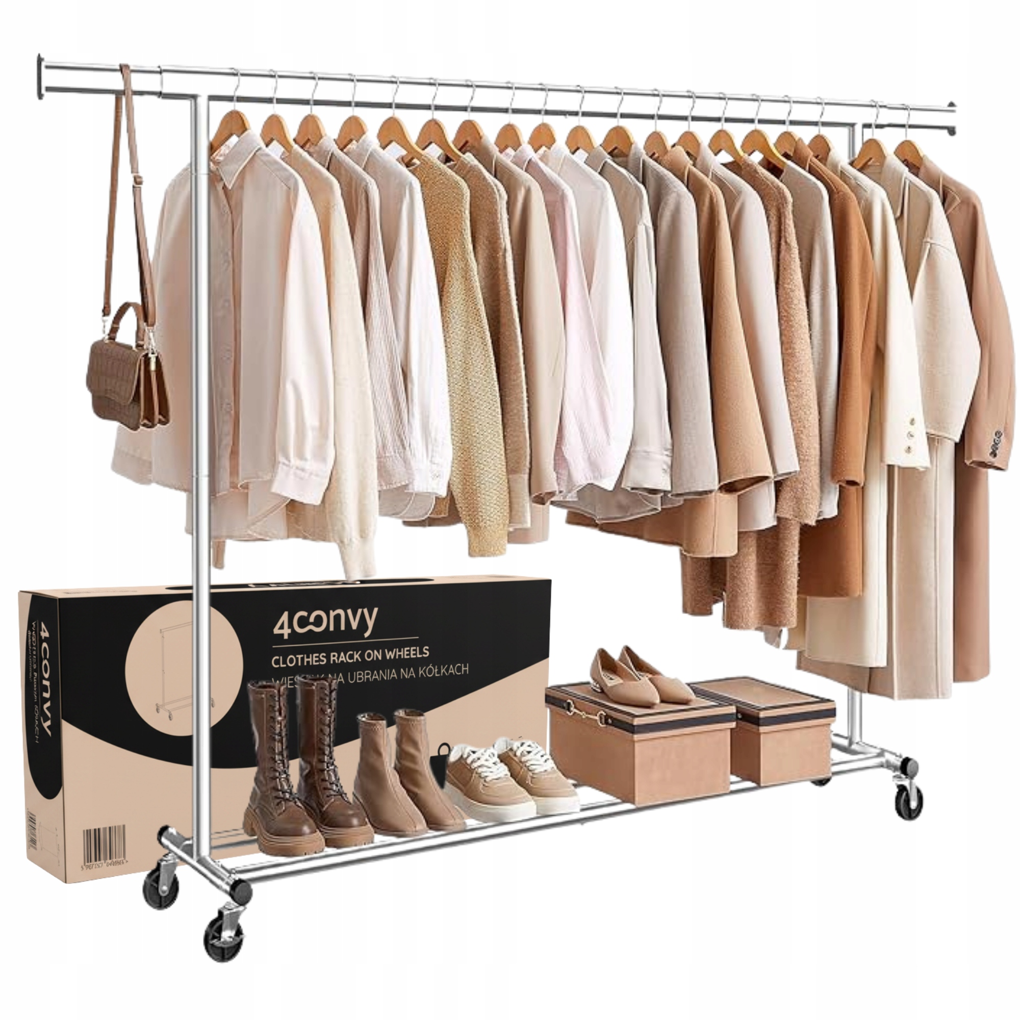 4CONVY Věšák na oblečení na kolečkách Stojan kovový stříbrný výsuvný velký