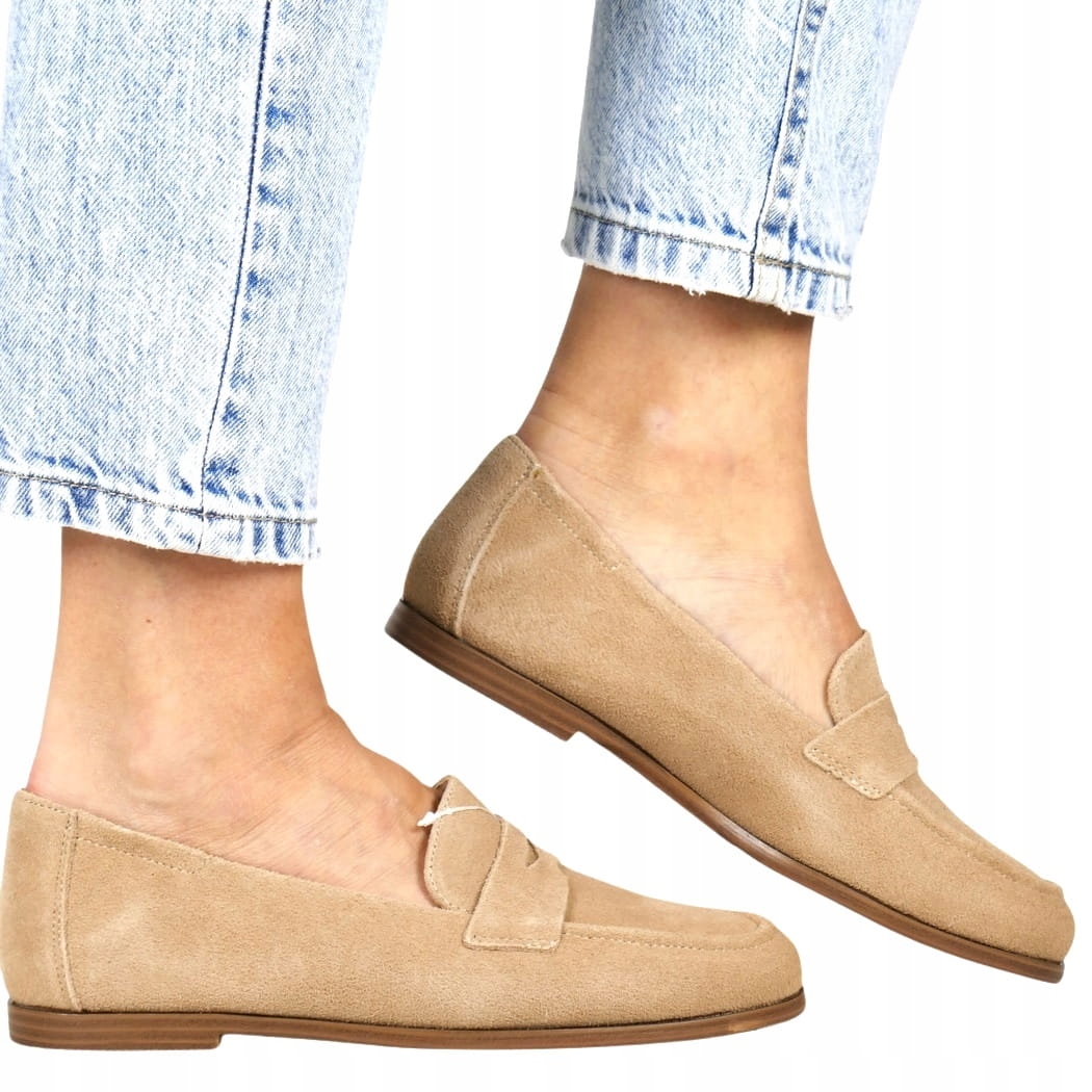 Beżowe Zamszowe Skórzane Mokasyny Z Gumką Na Pięcie Półbuty 38