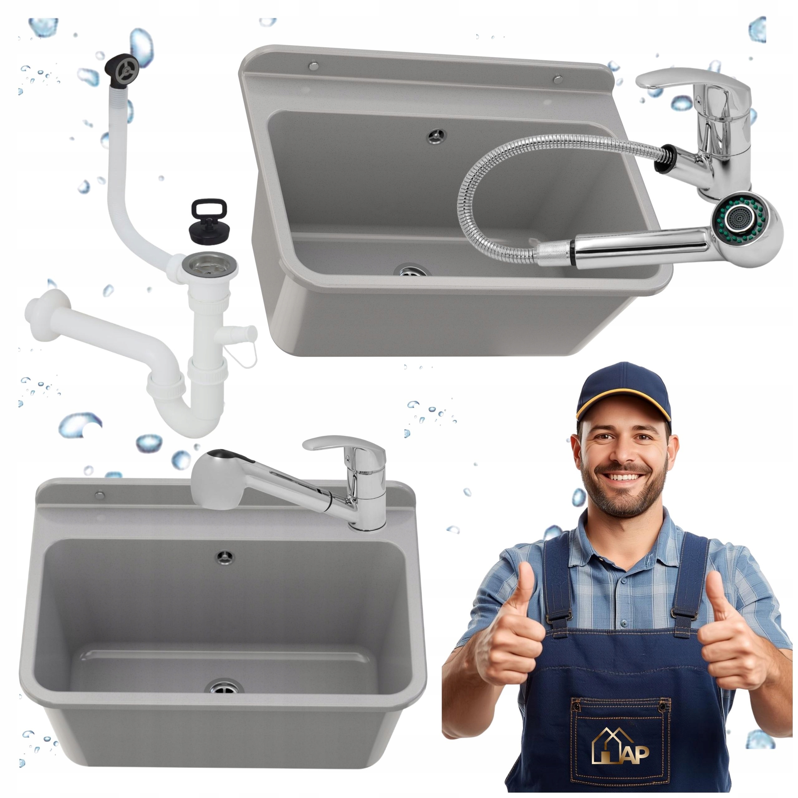 Technický Dřez Velký jednokomorový šedý Vytahovací baterie Chromová sada