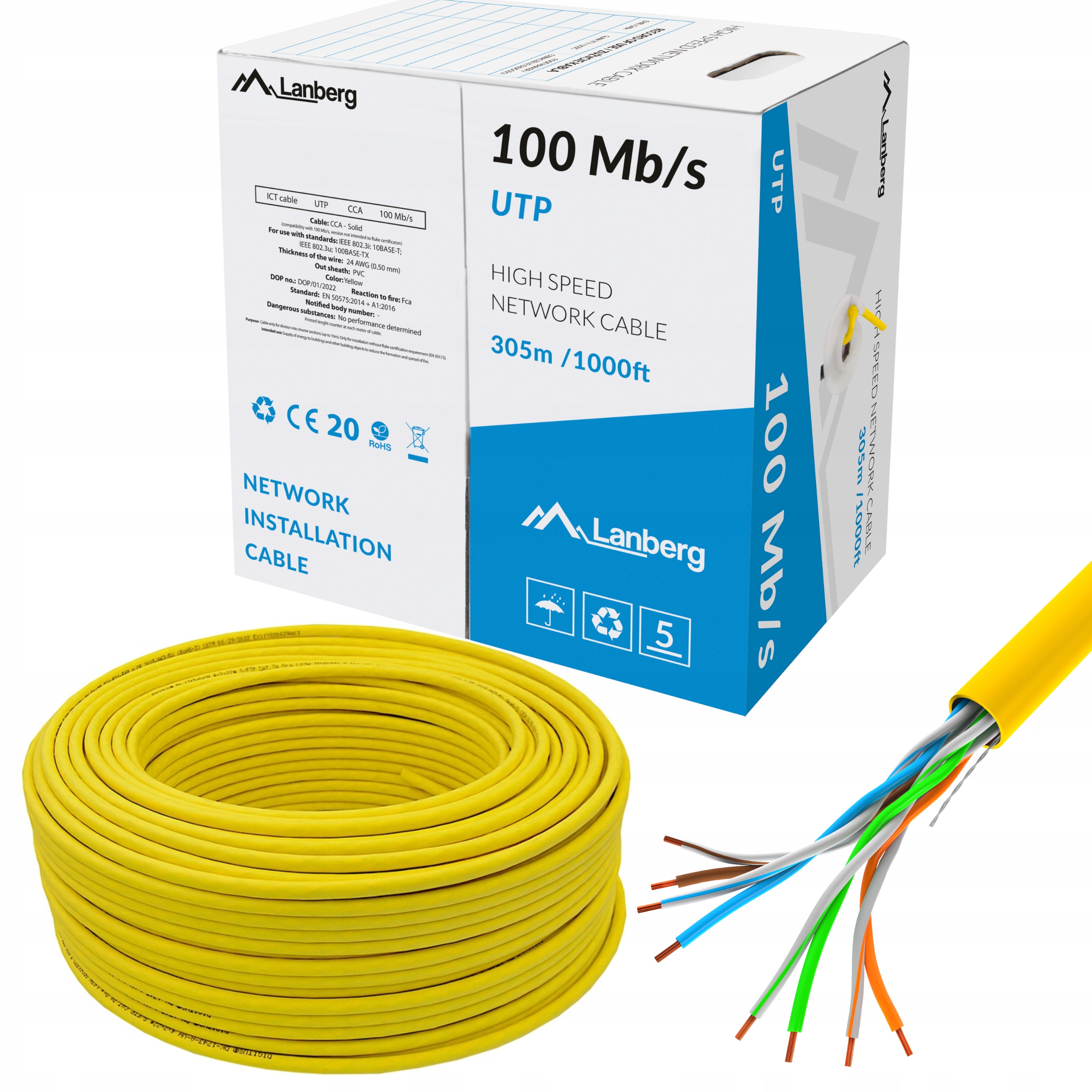 Kabel Sieciowy Lan Utp 100MB 305m Drut Cca Skrętka