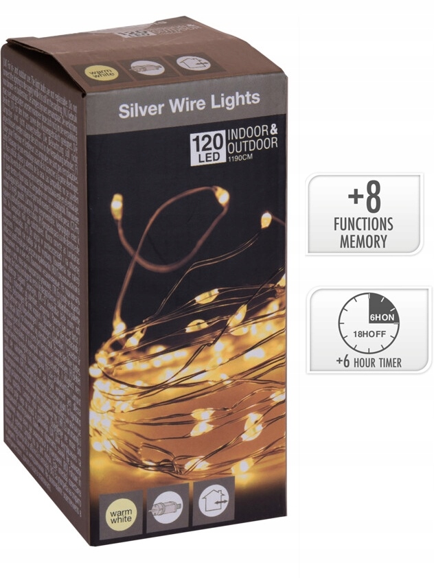 

Lampki na drucie 120 Led białe ciepłe Timer diody