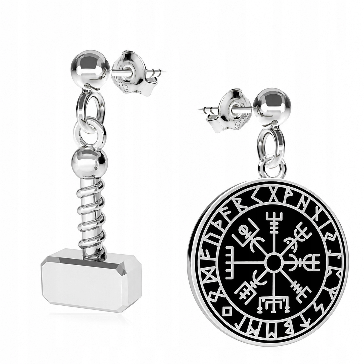 Kompas Vegvisir Kladivo Mjolnir Wiking Asymetrické náušnice tyčinka stříbro 925