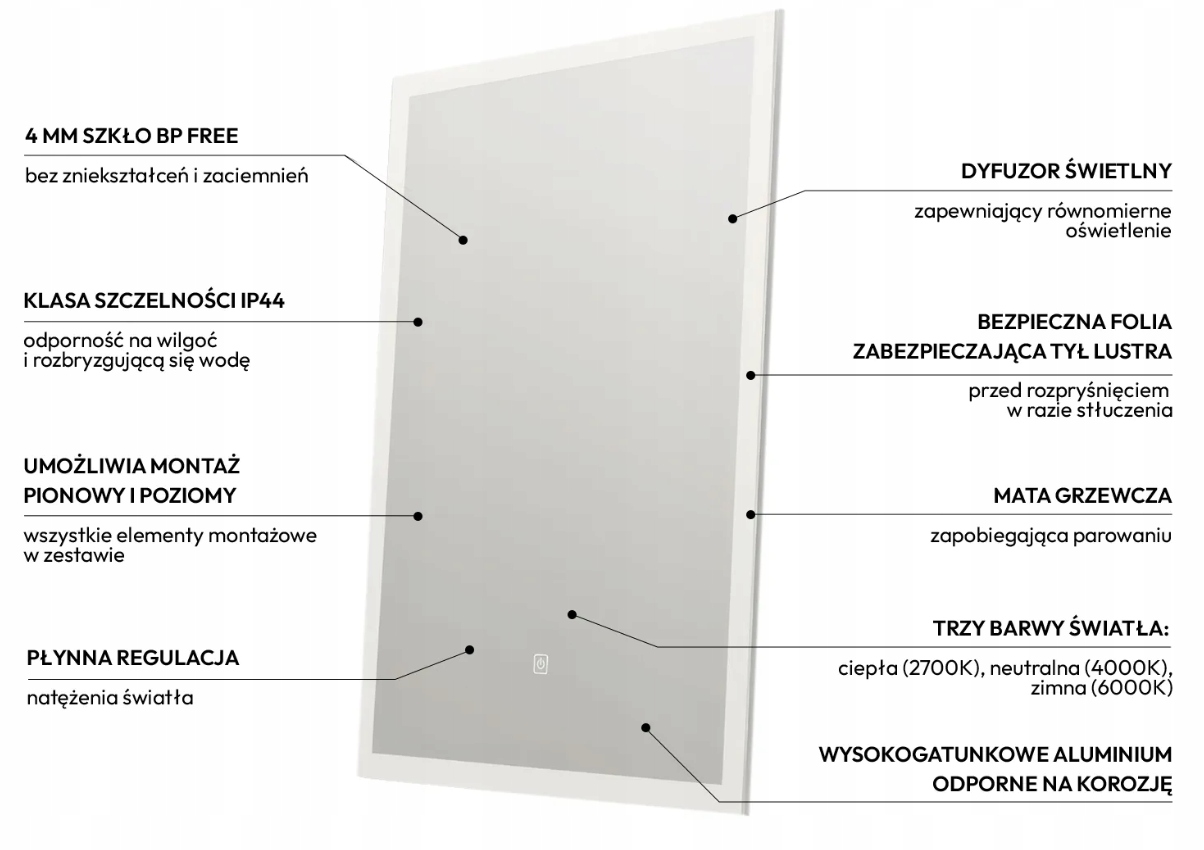 Lustro ścienne Balneo prostokąt 70 x 50 mm Wysokość 50 mm