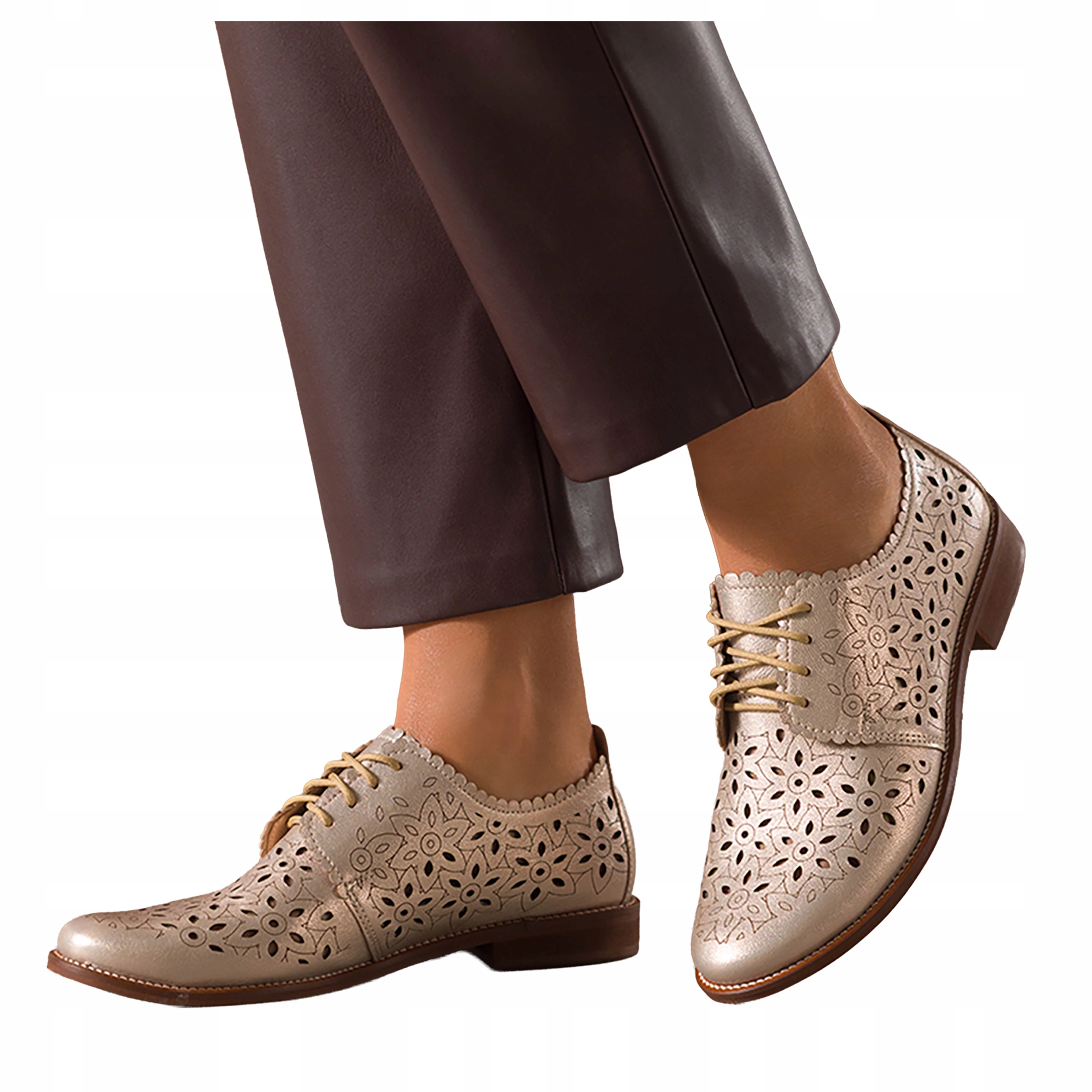 Półbuty Złoty Damskie Skórzane Polskie Ażurowe Płaskie Sznurowane r 40