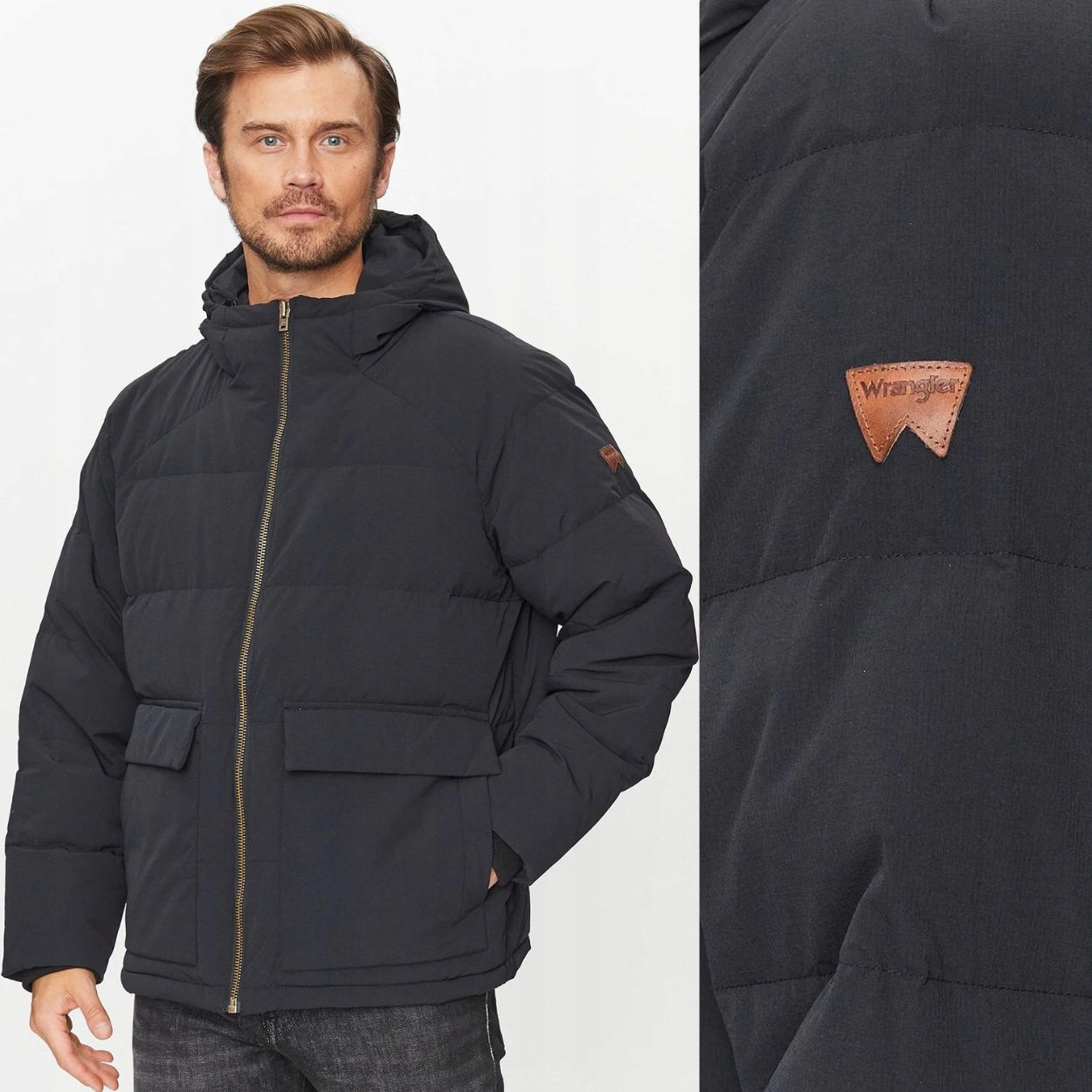 Wrangler Zip Down Jacket Black Černá Péřová Bunda Kachní Peří Kapuce XL