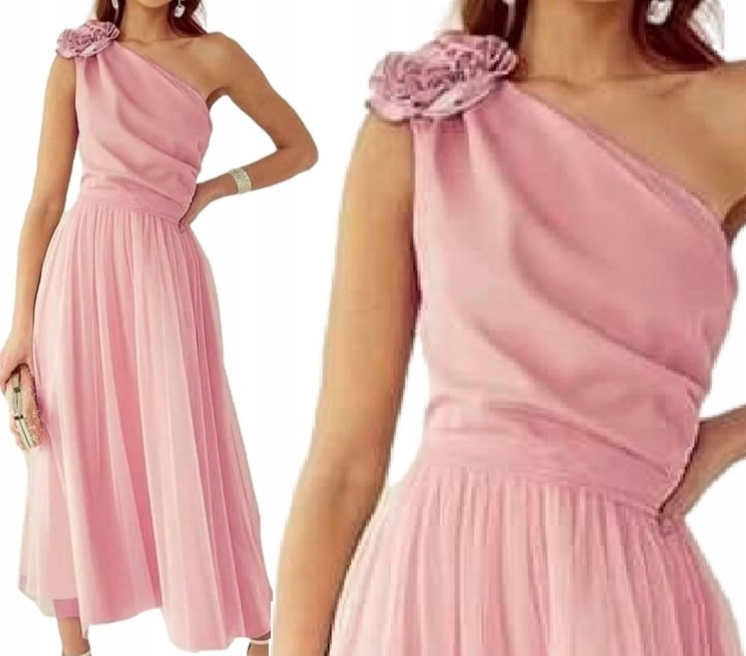Sukienka na jedno ramię wesele koktajlowa glamour midi różowa lori r.38