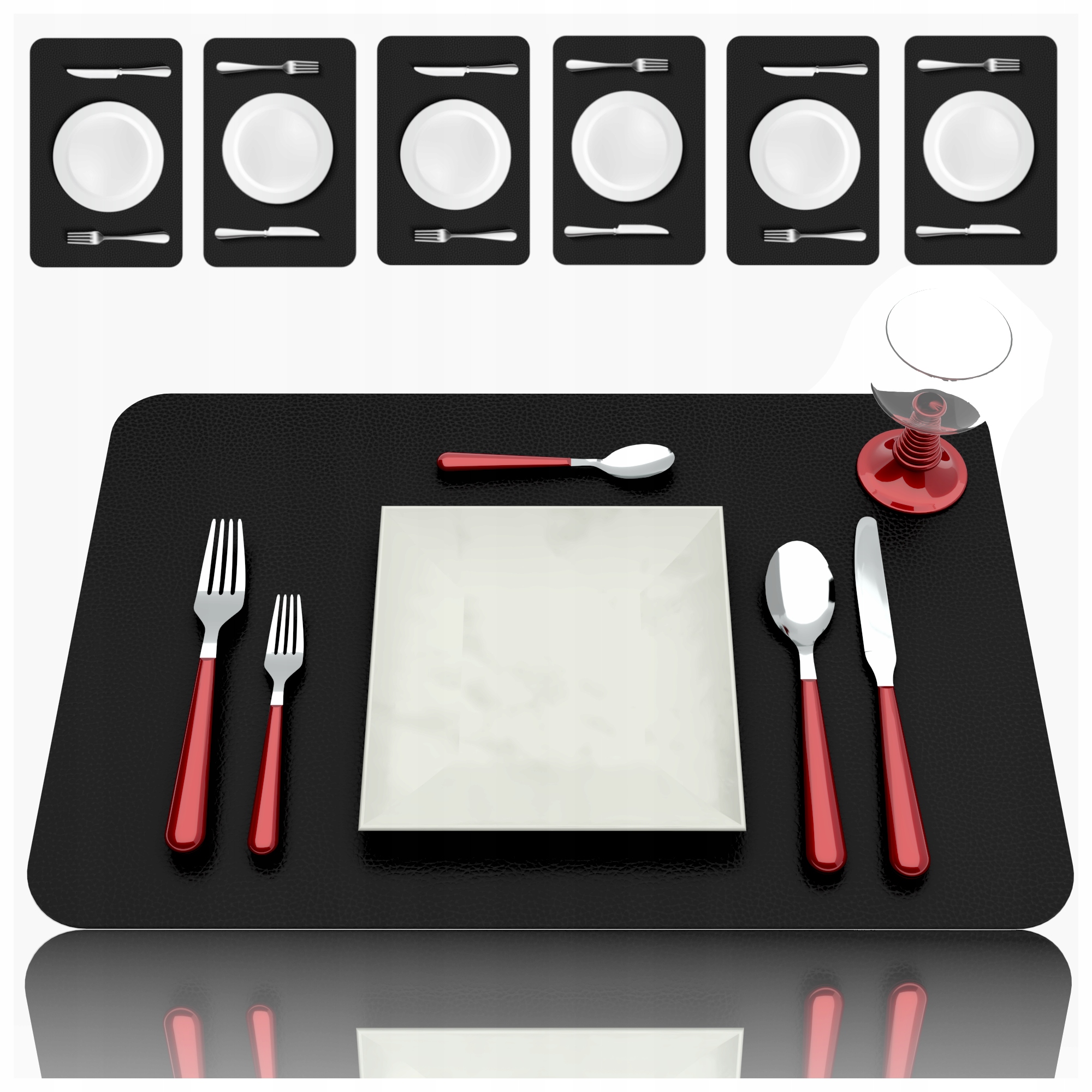 Zestaw 6X Podkładka Stół Talerz Czarna Skóra 45x30