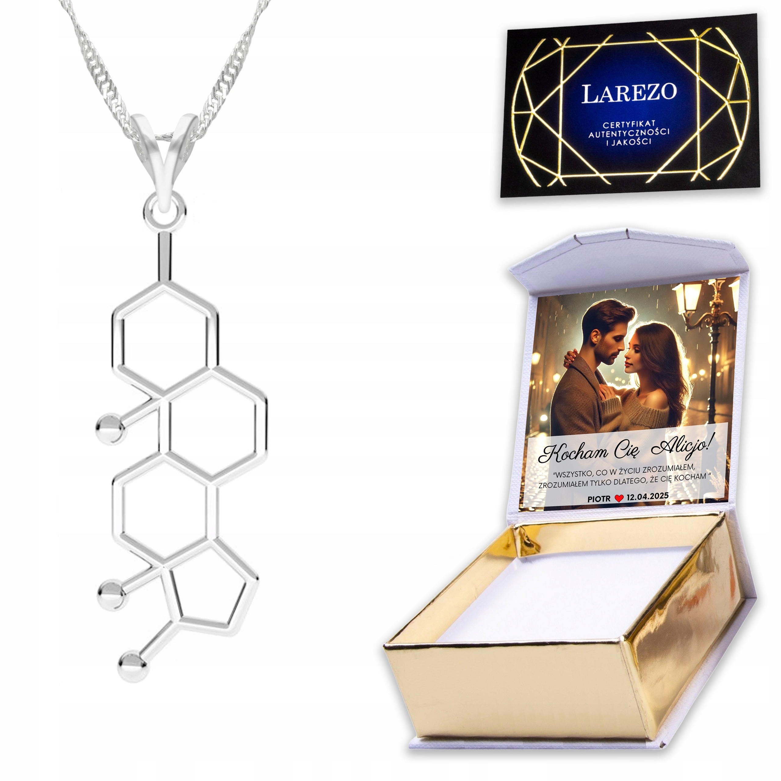 Stříbrný náhrdelník 925 s vzorem testosteronu Vzor testosteronu Chemie Potisk