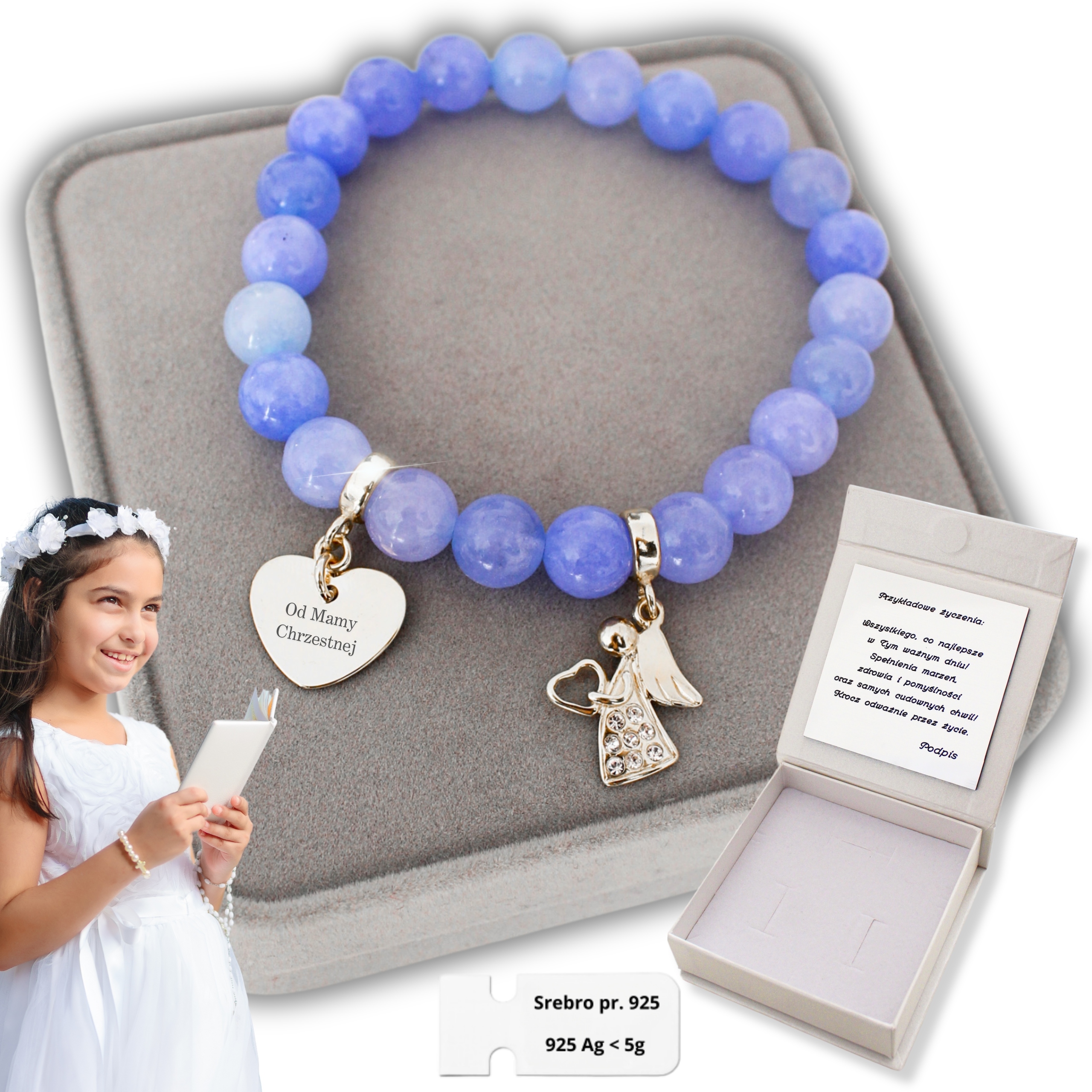 Stříbrný náramek s andělem Srdce pro dívku na svaté přijímání Gravírování 925