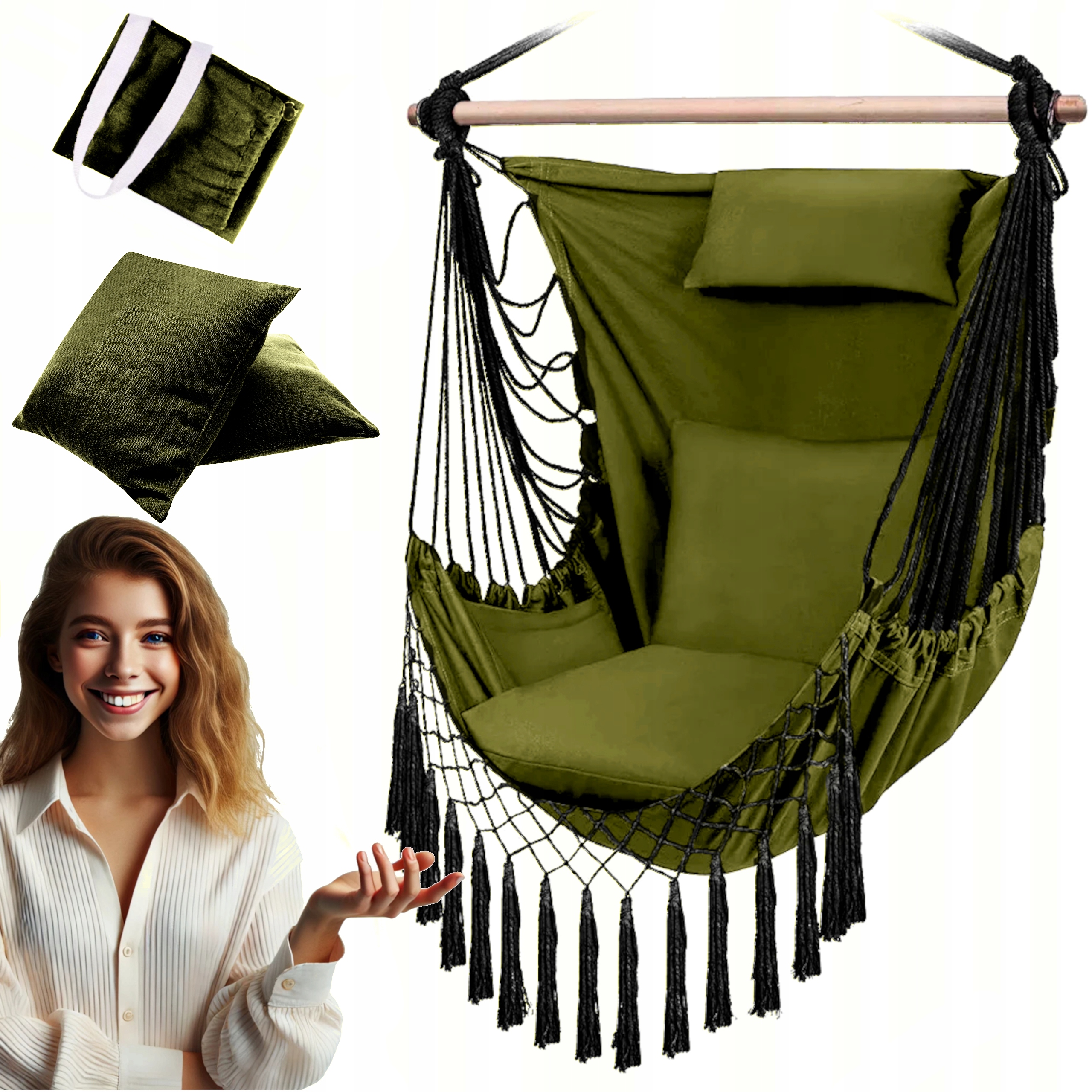Fotel Wiszący Krzesło Brazylijskie Huśtawka Hamak Poduszki Gniazdo XXL Boho