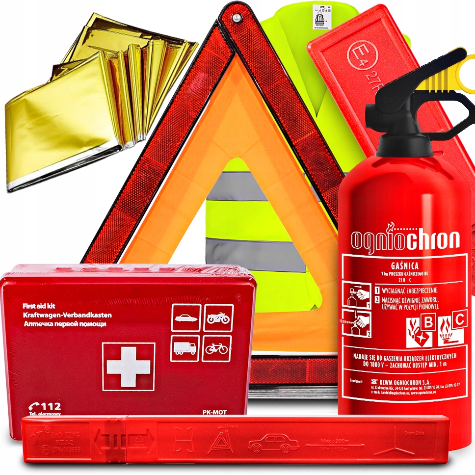 Gaśnica 1KG Apteczka DIN Trójkąt Kamizelka Koc Zestaw Do Auta Ogniochron