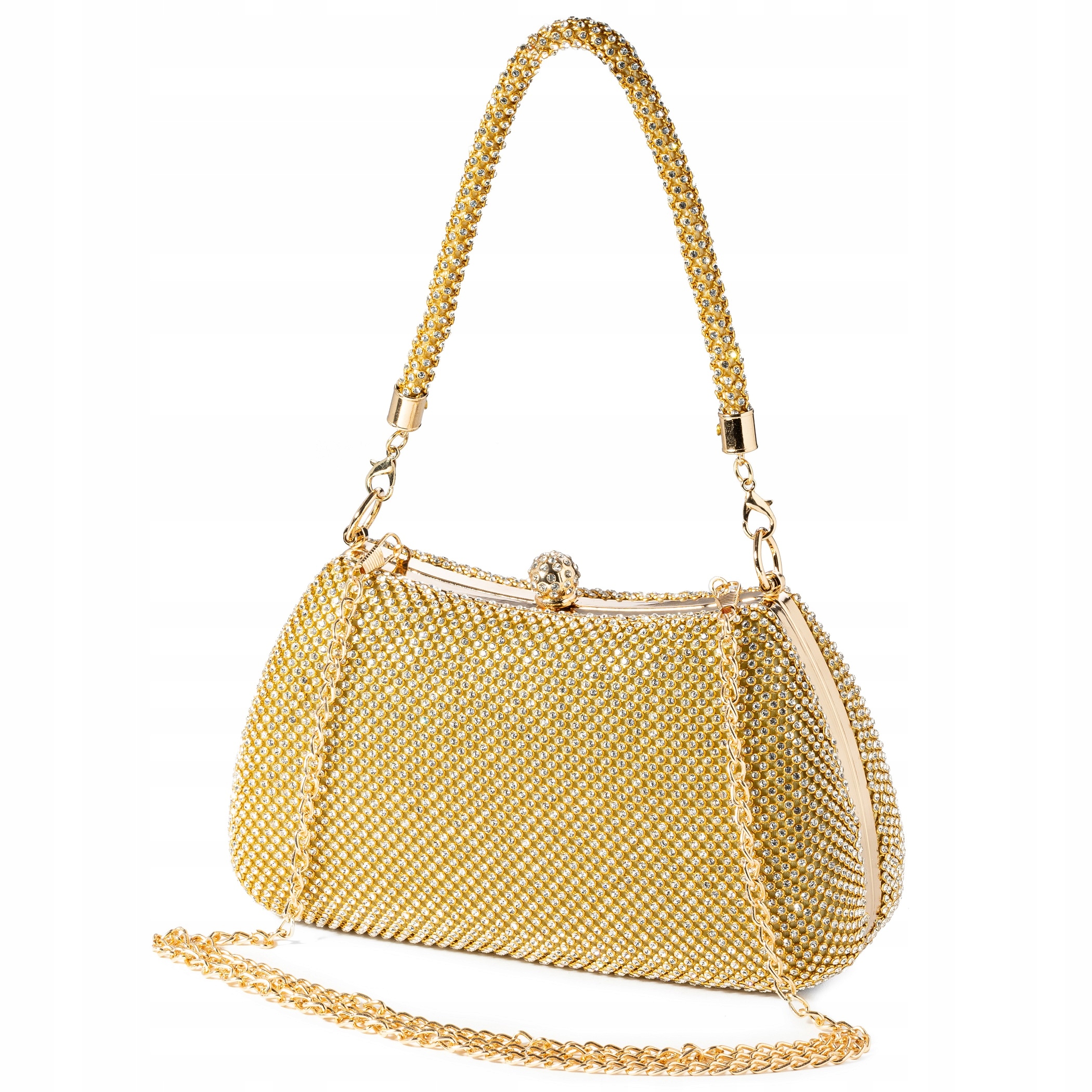 Dámská zlatá večerní kabelka s řetízkem na zirkony