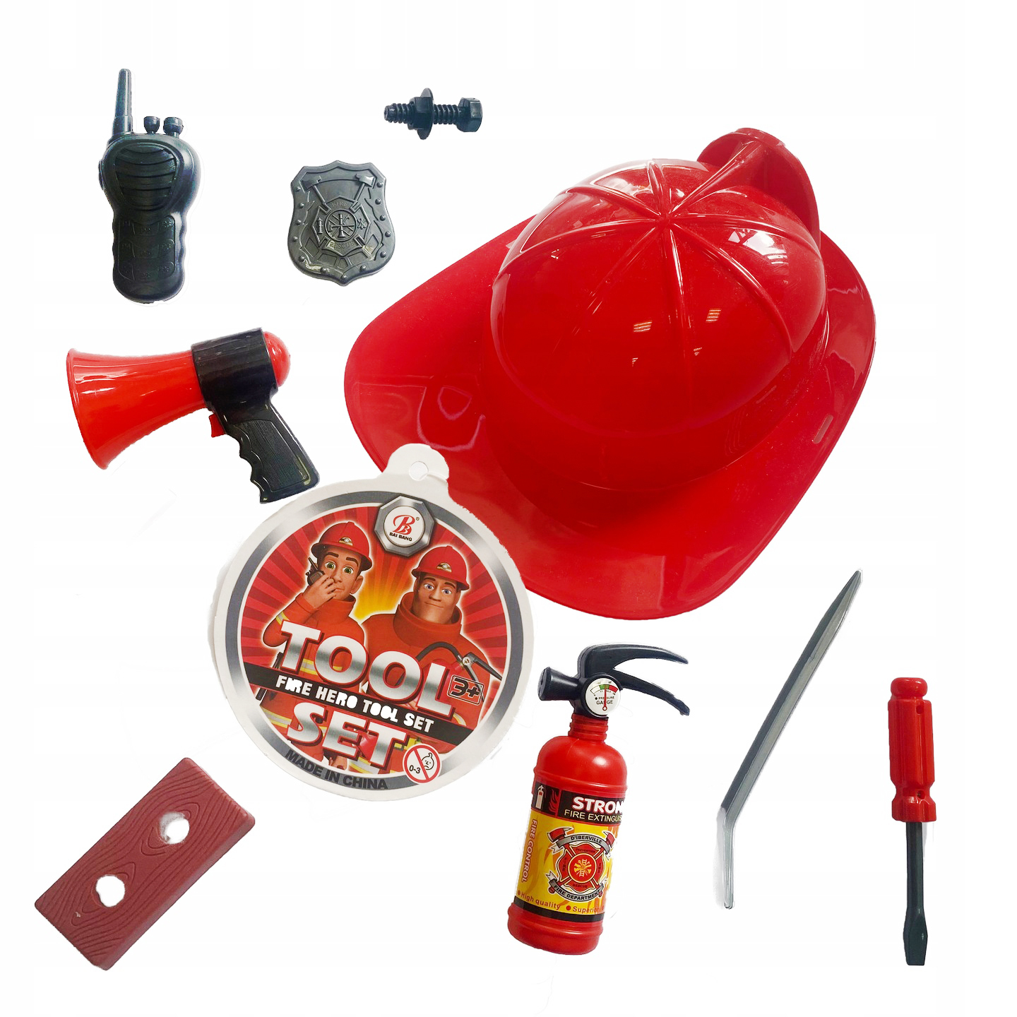 ZESTAW AKCESORIA STRAŻAKA 9w1 ZESTAW KASK GAŚNICA ODZNAKA MEGAFON