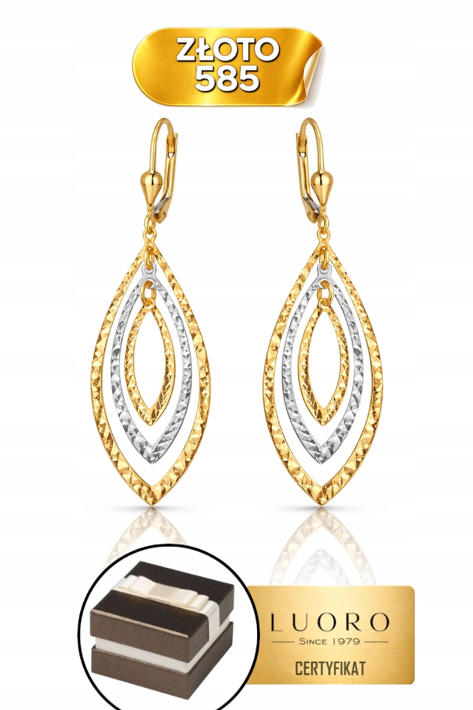 Náušnice Zlaté 585 14K Lístky Bílé Zlato Diamantové 50 MM Andělské