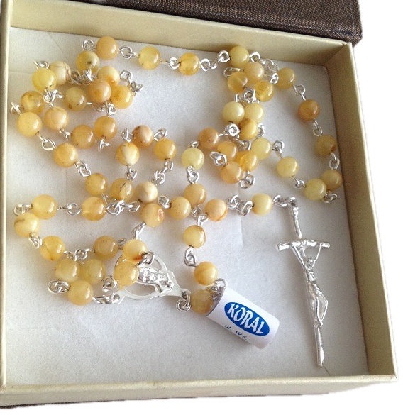 Różaniec Srebrny z Bursztynem (na Komunia Chrzest /Bierzmowanie)