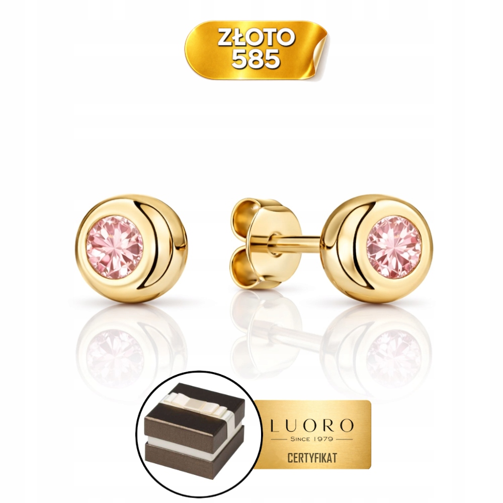 Náušnice Zlaté 585 14K Růžový Kamínek Kolečko Tyčinka 2,5 CM Elegantní