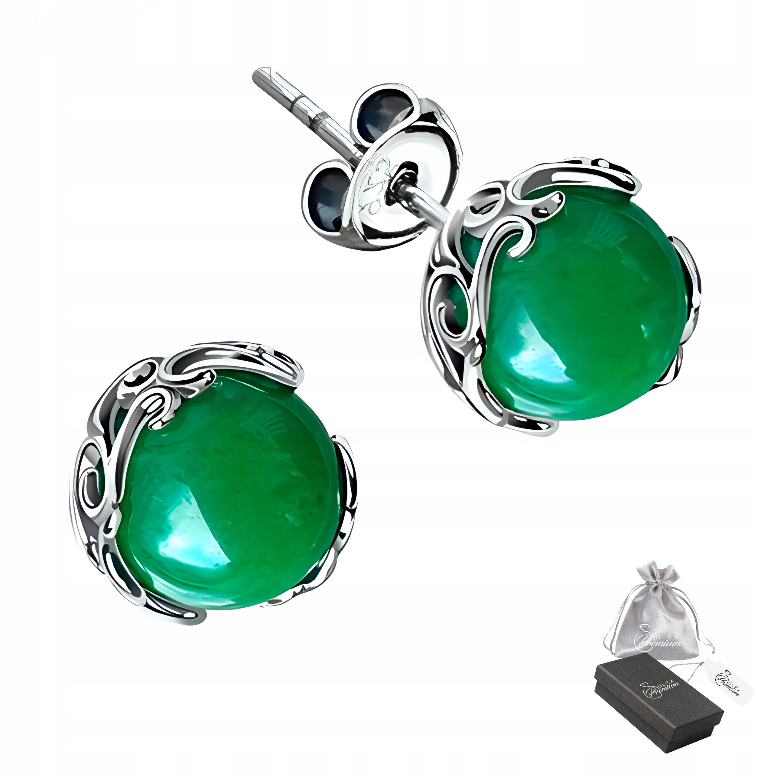 Náušnice Štyfty stříbro ryzost 925 Elegantní s přírodním Achátem zeleným