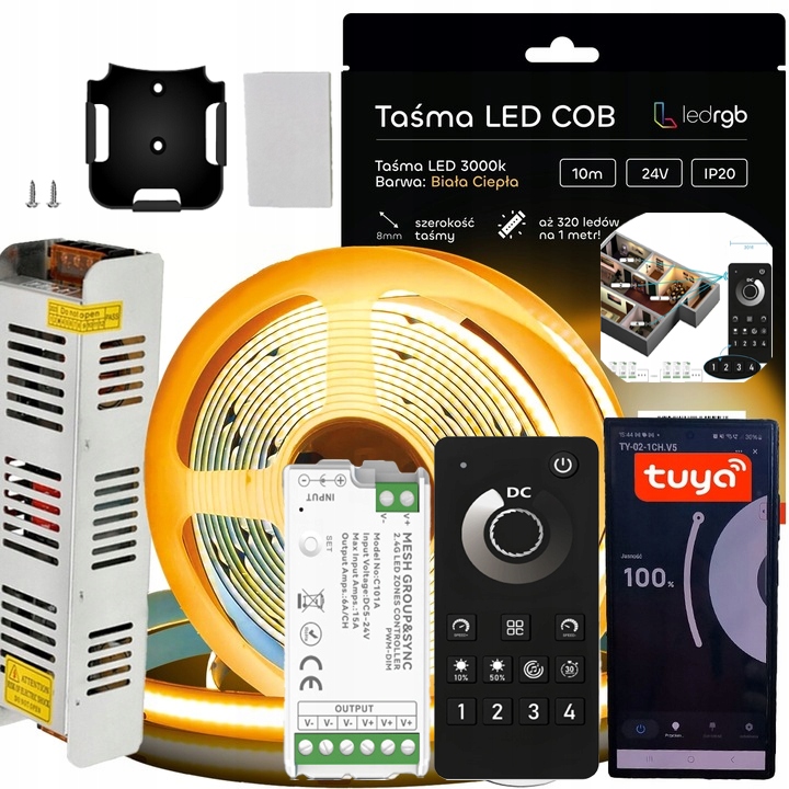 Sada Led pásků Cob 24V 5 m Bílá C. 3000K Napájecí Zdroj Tuya Wifi