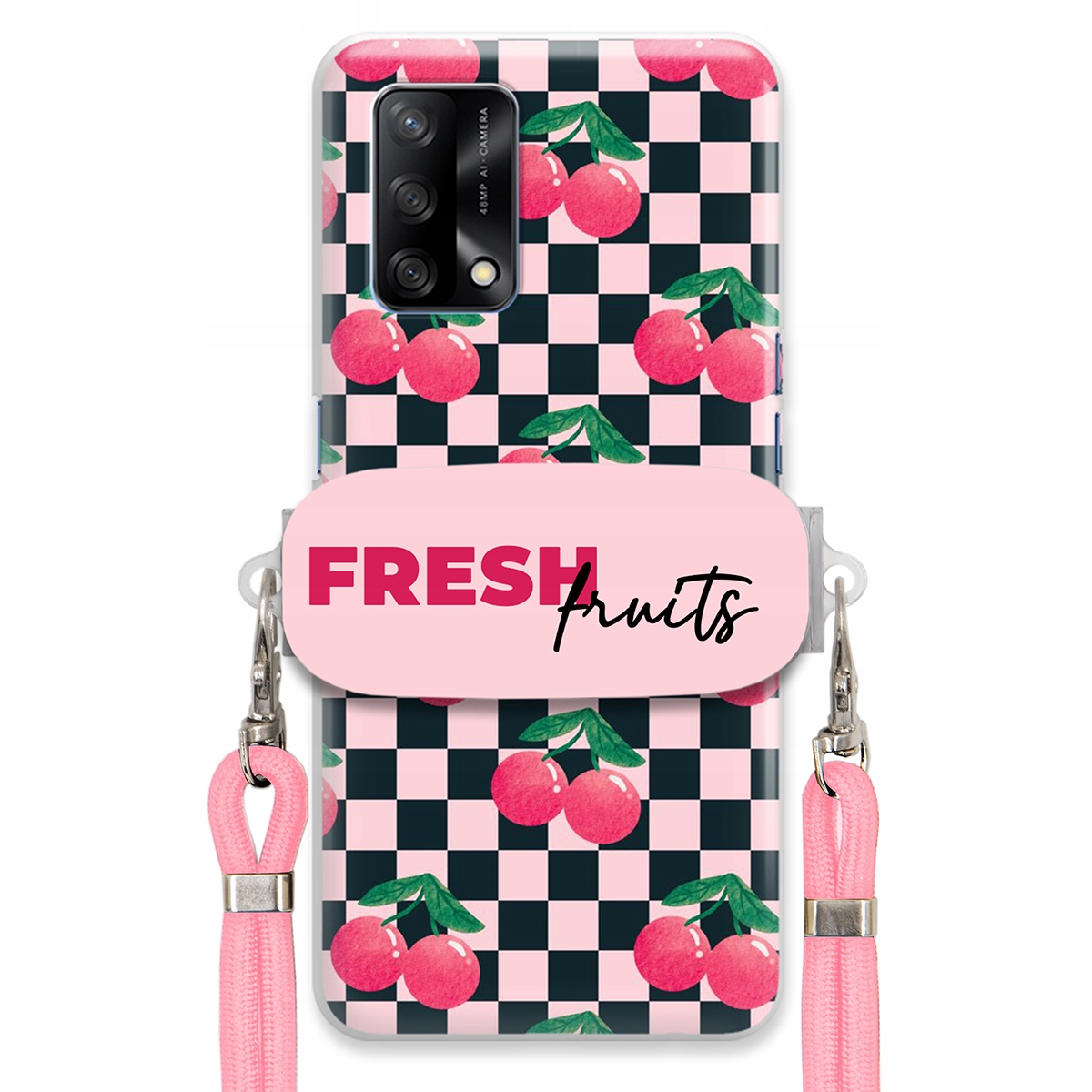 Puzdro pre Oppo A74 4G Vodítko Pink Crossbody držiak šachovnice Fresh Fruits