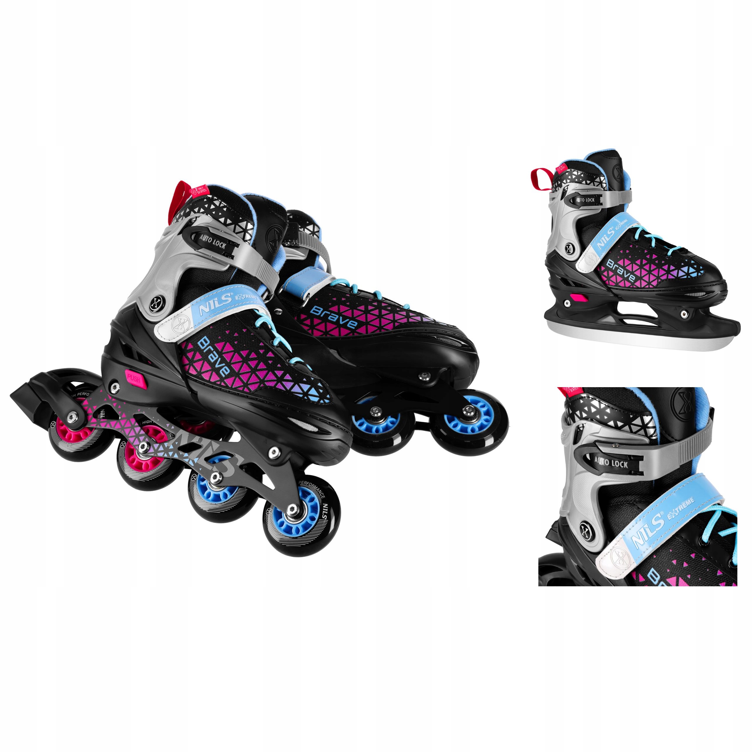 Kolečkové Brusle 2v1 nastavitelné S 29-33 růžové hokejové brusle ocelové Nils Extreme